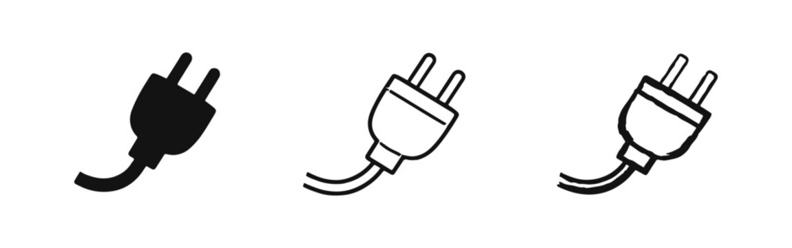 Angled electrical power plug icon set in solid, outline, and hand-drawn styles.