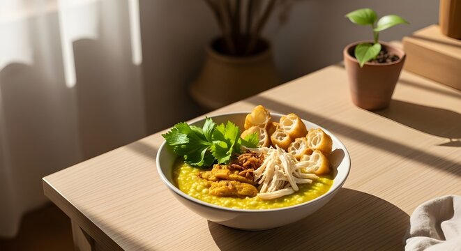 A bowl of Indonesian chicken congee (Bubur Ayam) topped with shredded chicken, cakwe, and celery, served as a classic breakfast on a wooden table.
