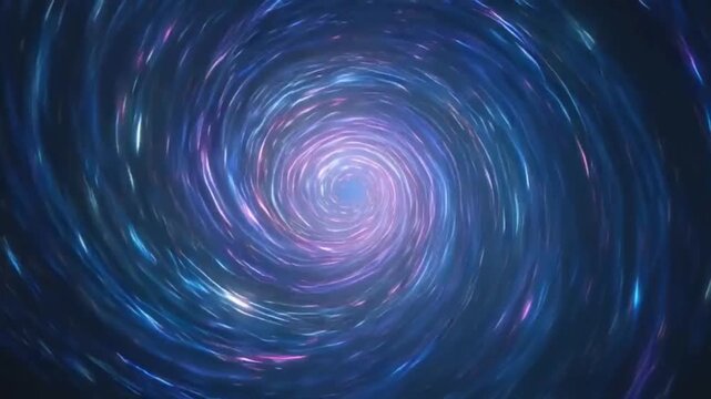 Glowing swirling vortex formed by vibrant light trails in blue, purple, and pink, spiraling dynamically against a deep dark background, energetic motion suggesting data flow and digital connectivity, 