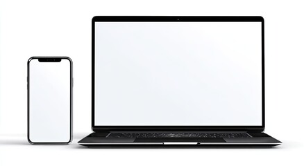 Realistic, isolated laptop and smartphone mockup with blank white screens