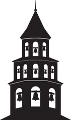 Detailed church bell tower silhouette with cone roof and multiple arched openings vector illustration