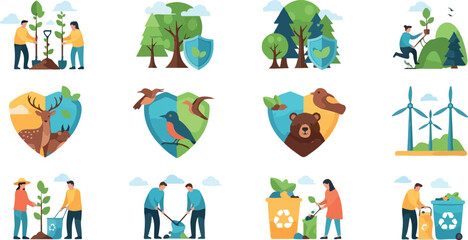 Fototapeta premium Colorful flat design vector illustration of eco-friendly team planting trees with deer in heart symbol