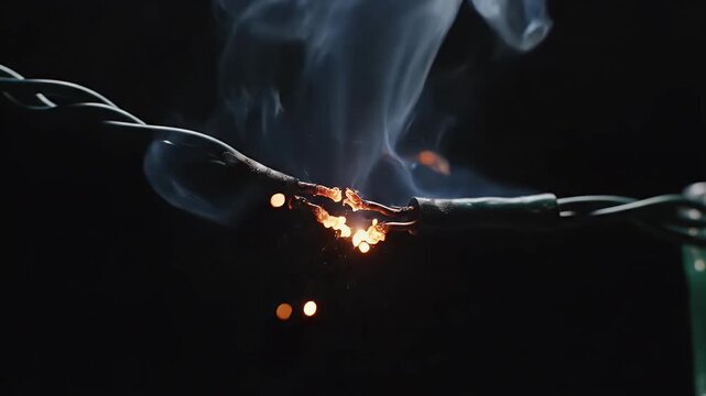 A close-up of a sparking and smoking electrical wire short-circuiting