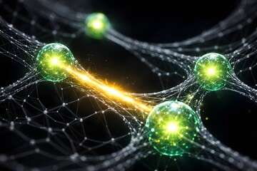 Glowing green spheres interconnected within a shimmering abstract network.