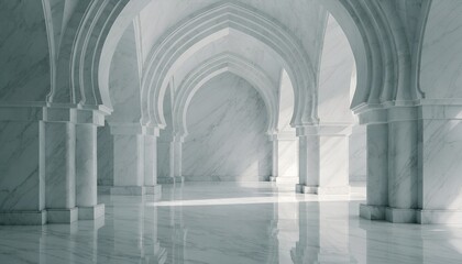 Obraz premium White marble hallway with grand pointed arches and polished floors creating symmetrical islamic architectural perspective