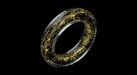 Shiny gold circuit board design on clear glass ring technology device