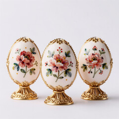 stop-motion, "ornate easter eggs with hand-painted floral motifs, gold filigree and vintage baroque elegance on a white background