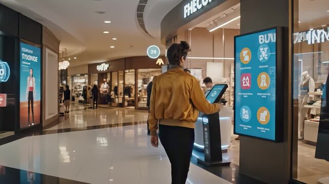 Young woman walking in a shopping mall using interactive digital information kiosk for futuristic retail, augmented reality experience, and online payment