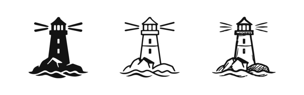 Coastal Lighthouse Icon Set: Solid, Outline, and Hand-Drawn Styles for Navigation, Safety, and Travel Concepts.
