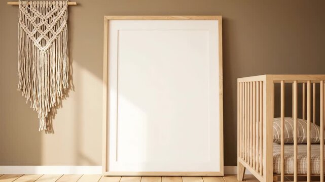 Blank vertical frame mockup in a cozy bohemian style nursery interior. Wooden baby crib and macrame wall hanging on a beige wall. Minimalist and natural design for showcasing art