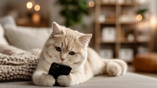 Cream cat with smartphone on cozy sofa