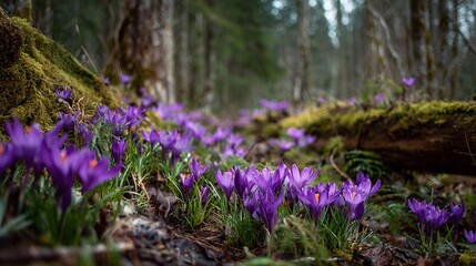 Purple crocuses bloom in the forest during early spring.