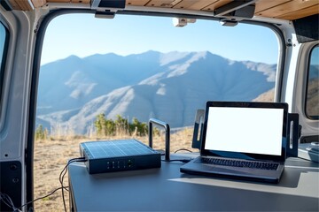 laptop and solar power battery with mountain view in van. Remote work and off grid living