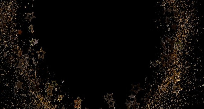 Abstract image of golden stars and glitter over a black background, ideal for creating celebratory designs, festive prom