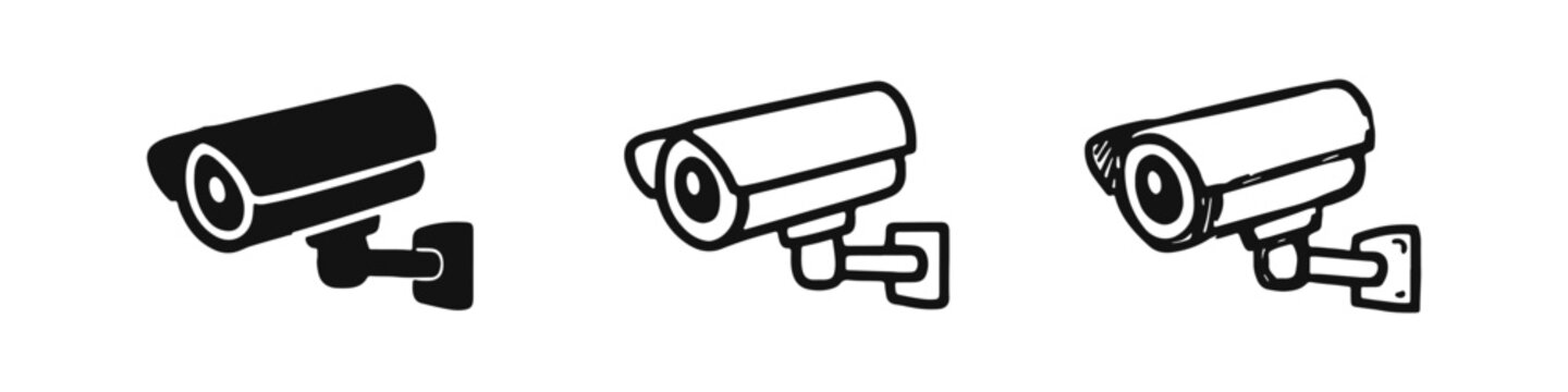 CCTV camera icon set. Wall-mounted surveillance system symbol in solid, outline, and doodle styles.