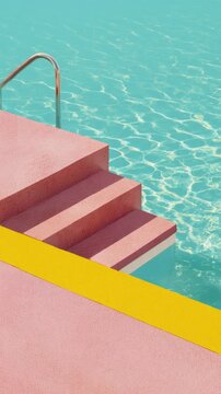 Retro style illustration, swimming pool ladder, colorful poolside with pink concrete and bright yellow edge. 