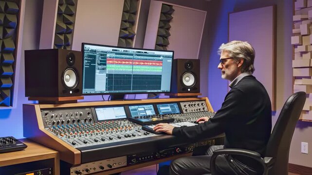 Professional sound engineer working at a mixing console in a modern recording studio, producing new music with professional audio equipment and software