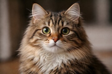 Fototapeta premium A fluffy cat is sitting indoors, looking directly at the camera. Its bright eyes are wide open, showing curiosity. The setting appears cozy and warm, likely in a home