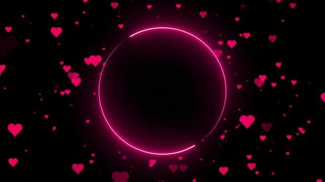 Glowing pink neon circle border frame animated on black background with floating heart particles. Neon circular frame loopable. Neon lines frame animation.
