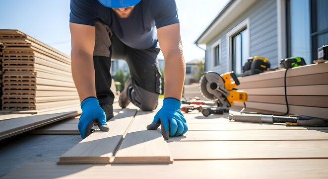 Deck Flooring Construction: Worker in blue gloves installing wood composite planks on outdoor patio, home renovation and carpentry, building maintenance and improvement concept