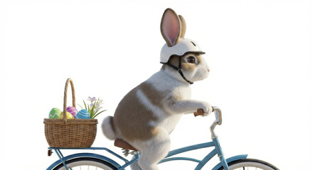 Cartoon rabbit riding bicycle with basket of colorful eggs  