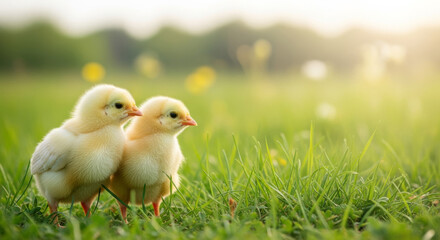 Two chicks standing together on green grass in spring meadow  