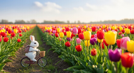 Bunny riding a bicycle through colorful tulip field in spring  