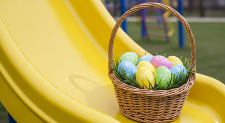 Easter basket with colorful eggs on yellow slide at playground  