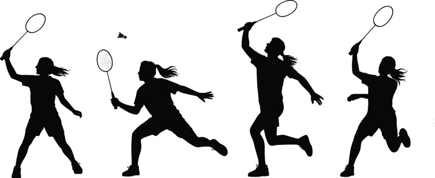 Female badminton player silhouette collection hitting shuttlecock with racket, girl athlete action poses, cad drawing flat vector illustration, isolated on white background