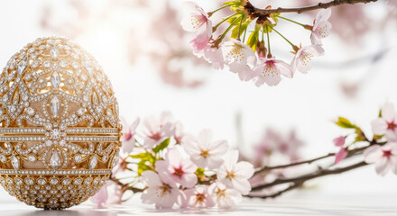 Decorative egg adorned with pearls beside cherry blossom branches  