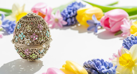 Ornate decorative egg surrounded by colorful spring flowers  