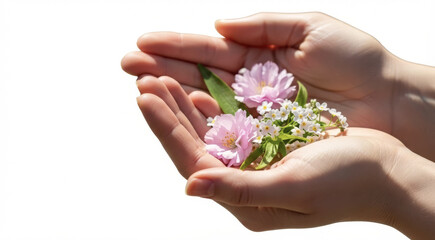 Open hands holding spring flowers with soft pink blooms  