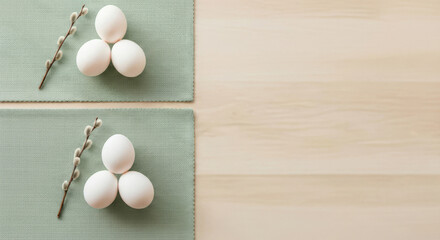 Minimal Easter placemats with white eggs arrangement on table  