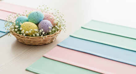 Pastel Easter placemats with decorative speckled eggs in basket  