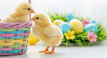 Two yellow chicks exploring Easter basket surrounded by colorful eggs  