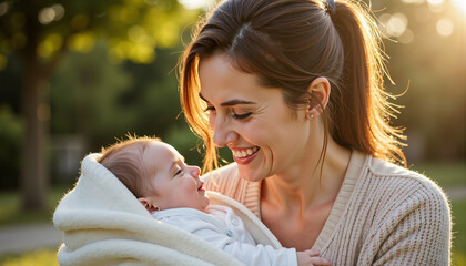 Obraz premium Young woman holding smiling baby wrapped in blanket outdoors at sunset 
