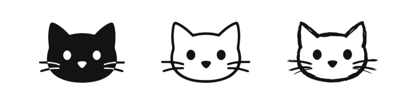 Cute cat face icon set. Pet animal head symbols in solid, outline, and hand-drawn styles.