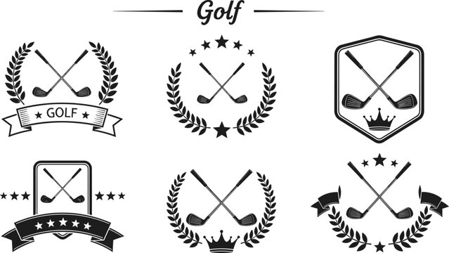 Professional golf emblem and badge vector set featuring crossed golf clubs with laurel wreaths shields crowns and stars for tournament logos country club branding and sports apparel
