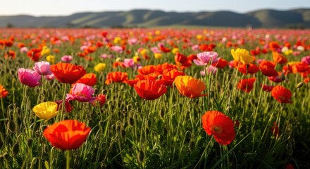 Fototapeta premium Vibrant Poppy Field Blooming in Golden Hour Light with Distant Hills