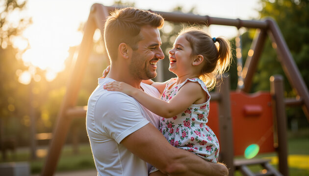 Father smiling while holding daughter at playground during sunset  