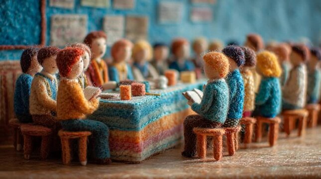 A group of colorful wool felted figures arranged around a table in a miniature diorama classroom setting.