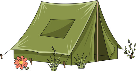Classic green A-frame camping tent vector illustration in a natural outdoor setting with grass and flowers for summer camp branding travel adventure guides and outdoor recreation designs © Maslima
