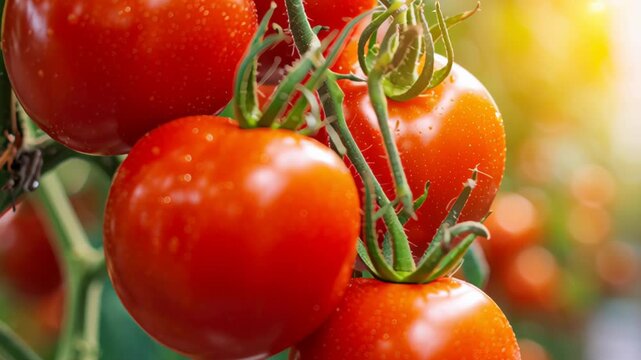 Fresh red tomatoes growing ripening on a vine. Close-up of tomato plant with juicy tomato cluster. Homegrown healthy food. Gardening, control examining harvesting of organic produce. Assorted fruits