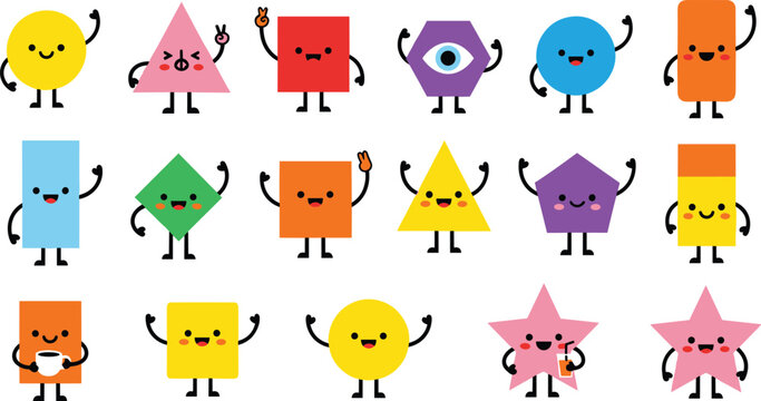Cute geometric shape character vector set featuring happy circles squares triangles stars and polygons with funny faces for preschool education kids stickers and nursery decor