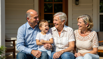Happy multi-generational family sitting together on porch laughing  