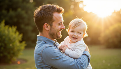 Father holding smiling baby girl in sunset park setting  