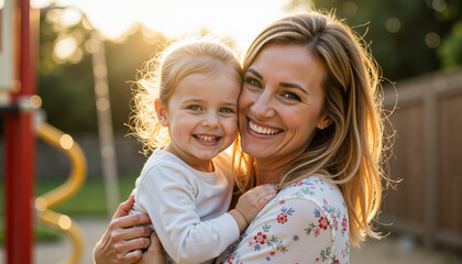 Smiling woman holding her daughter in a playground during sunset  