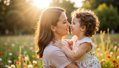 Fototapeta premium Young woman holding smiling child in flower field during sunset 
