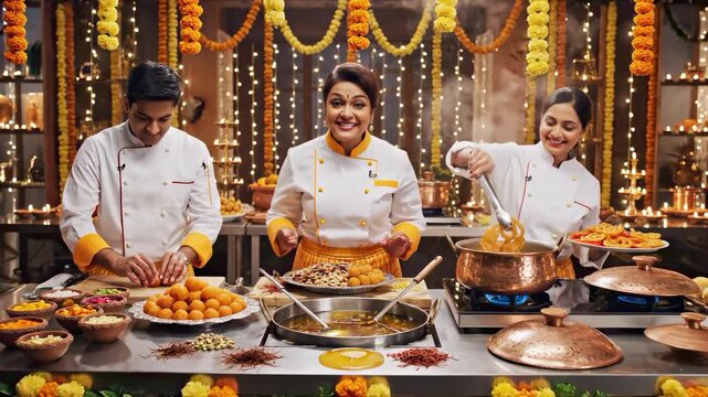 Indian chefs cooking traditional sweets like jalebi and laddu in a kitchen decorated with marigold garlands and diyas for the diwali festival celebration