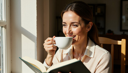 Woman smiling while drinking coffee and reading a book indoors  